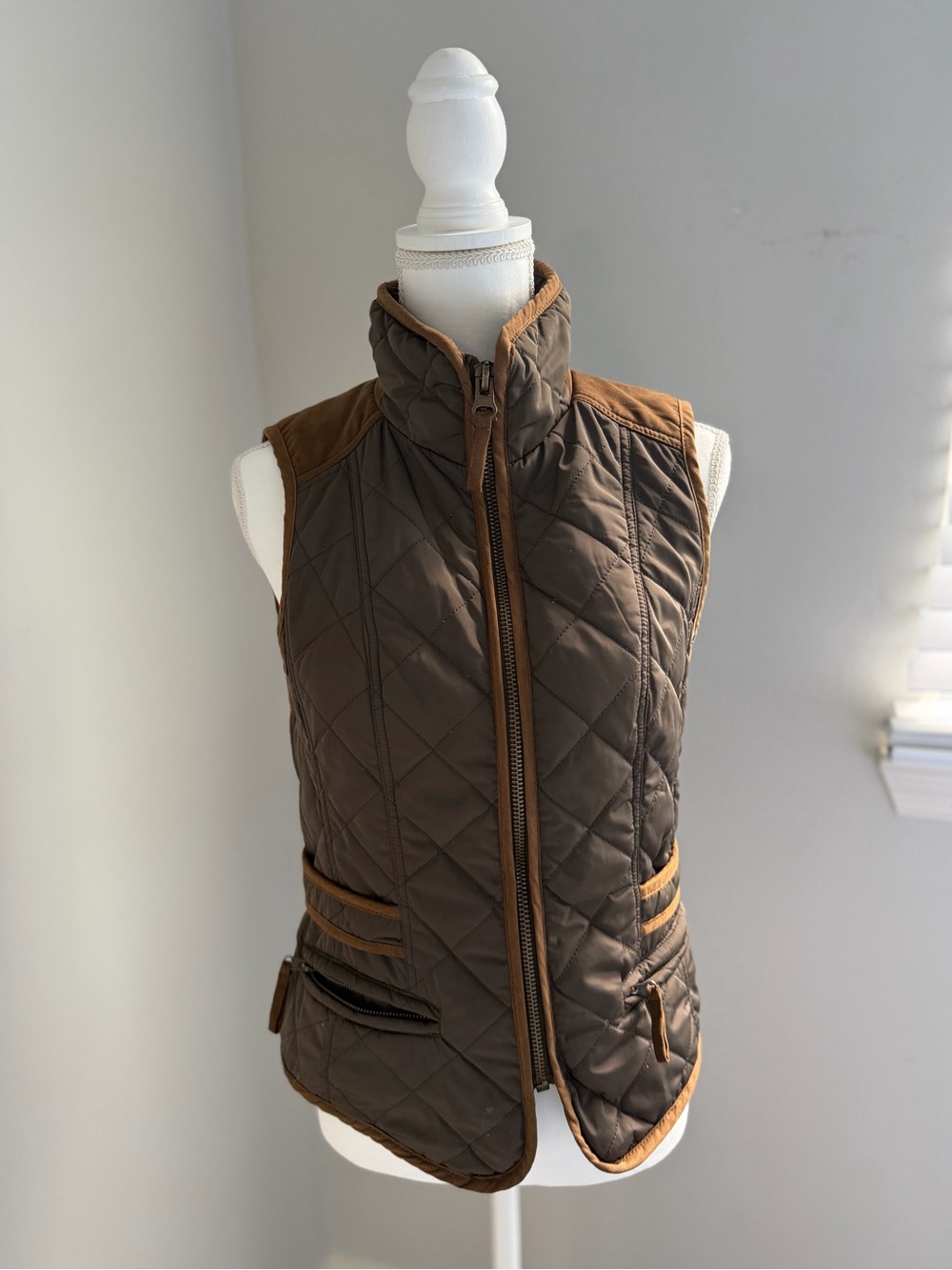 Zara Brown Quilted Vest with Tan Trim